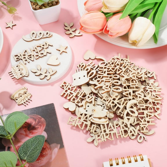 WHAMVOX 150pcs Unfinished Mini Wood Shapes Birthday Theme Wood Cutouts Pieces Blank Birthday Party Ornaments For Painting And Crafting