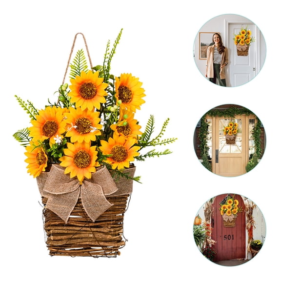 WHAMVOX 1Pack Sunflower Wreath Circular Plastic Silk Flower Rustic Farmhouse Front Door Wall Hanging Decorative