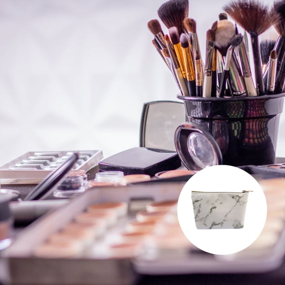 WHAMVOX 1Pc PU Leather Marble Pattern Makeup Bag Portable Travelling Storage Bag (White)