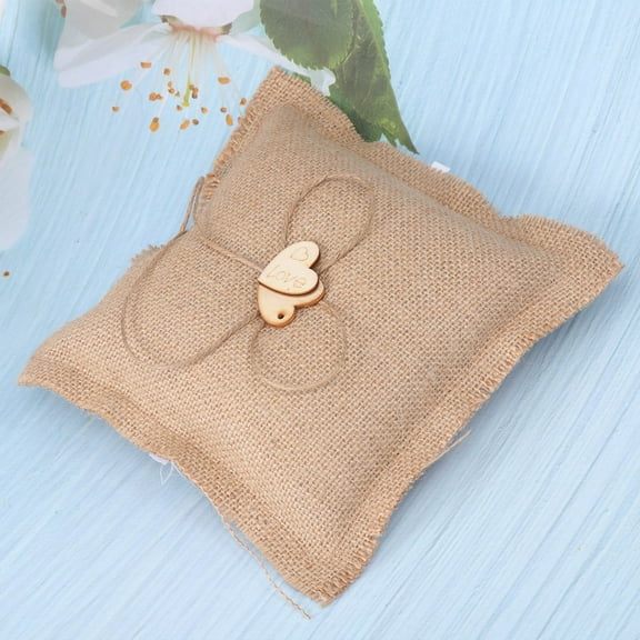 WHAMVOX 1Pcs Beige Burlap Wedding Ring Bearer Pillow with Wood Ornament for Bridal Use