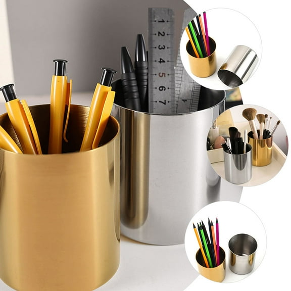 HEANUJJ Whamvox Golden Stainless Steel Pen Holder, Round Luxury Desk Organizer, Simple Design Storage Accessory