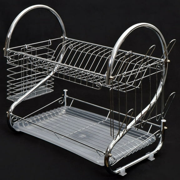 WHAMVOX 2-Tier Dish Cup Drying Rack Kitchen Tool Drainer Stainless Steel Dryer Tray Dish Holder Organizer for Home Restaurant (Silver)