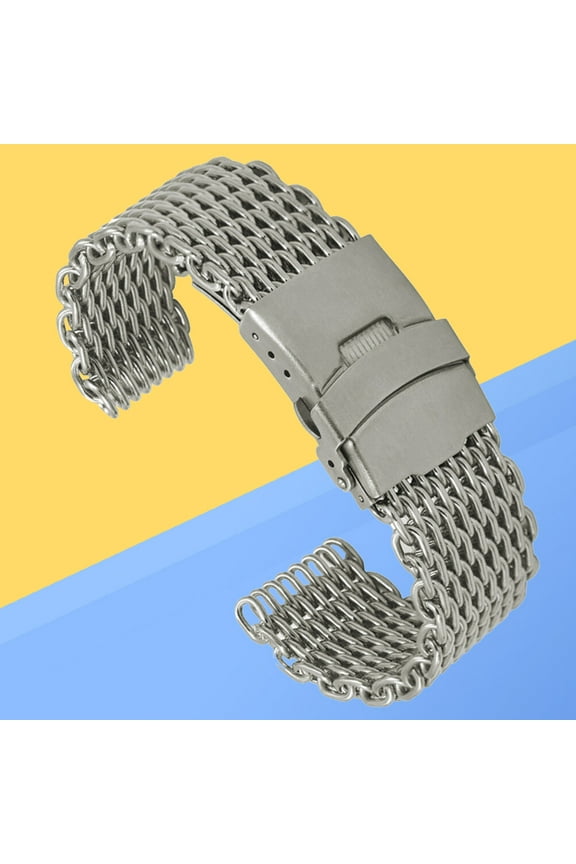 24mm Shark Mesh Stainless Steel Watch Band Strap Folding Clasp Watchband (Long Pattern Silver)