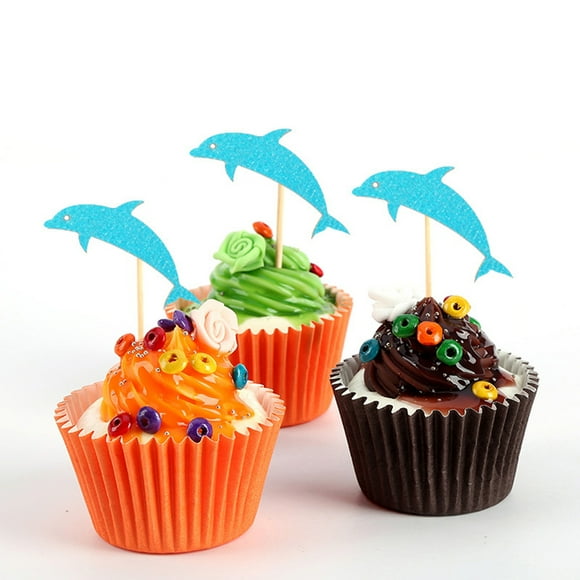 WHAMVOX 24pcs Blue Dolphin Shaped Cake Toppers Paper Cake Picks Cupcake Decor Party Supplies