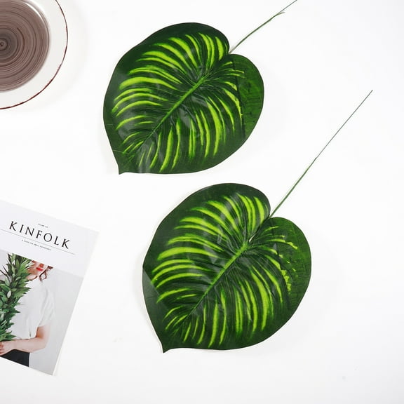 WHAMVOX 2Pcs Artificial Leaves Faux Greenery for Home Decor Plastic Fabric Steel Stem 16.9x8.3x0.04in