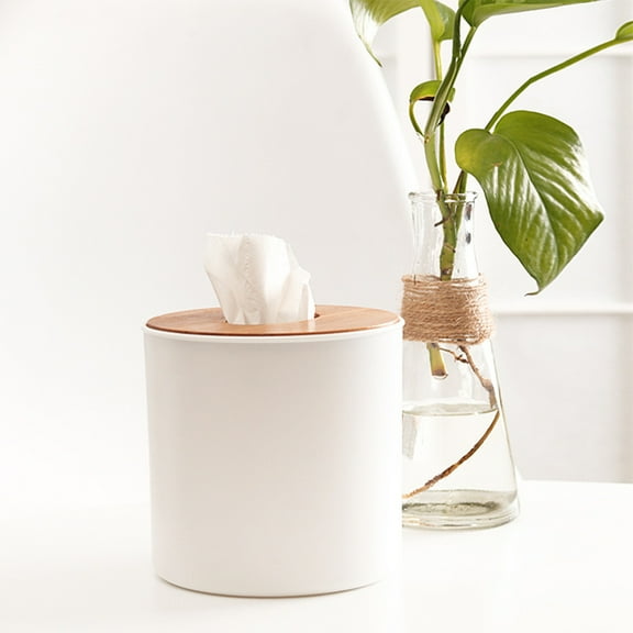 WHAMVOX 2pcs Plastic Tissue Box Cylindrical Tissue Paper Holder with Wooden Cover for Home Office