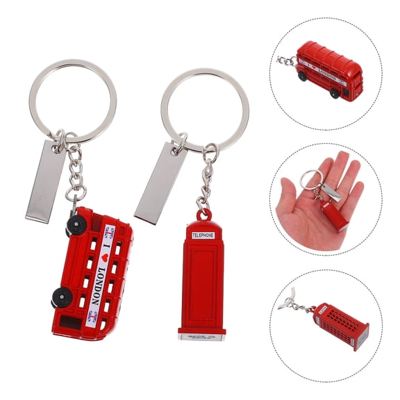 ROMANSENTIAL 2Pcs British Souvenir Keychain with Red Telephone Booth and London Bus 3D Pendant