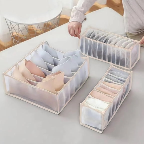 KHBUAB 3Pcs Folding Storage Box Beige Nylon Fabric Compartmentalized Organizer for Closet and Drawer Storage