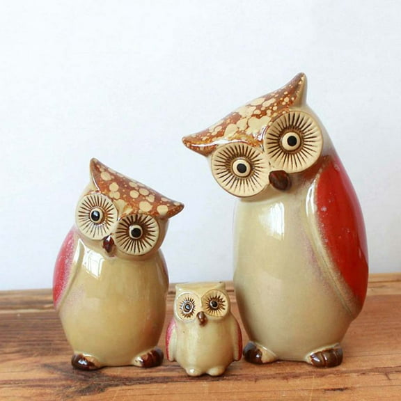 WHAMVOX 3Pcs Owl Shaped Ceramic Desktop Decoration Crafts Home Ornament Light Brown Orange