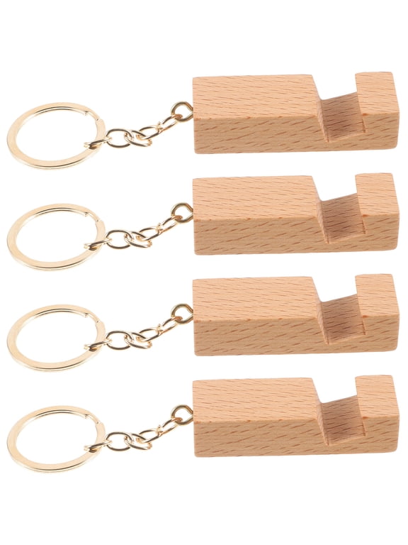 WHAMVOX 4-Piece Mini Wooden Cell Phone Stand Keychain, Portable Mobile Phone Holder for Desk, Travel, Office