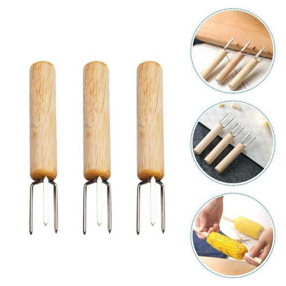 WHAMVOX 4Pcs Stainless Steel Corn Holders Multifunction BBQ Forks with Nonslip Wooden Handle for Kitchen Use