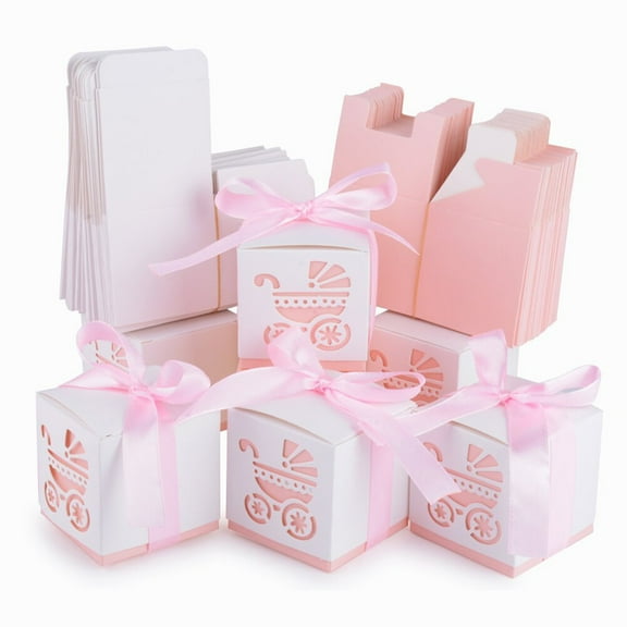 WHAMVOX 50pcs Stroller Candy Sweet Gift Boxes Christening Baby Shower Party Favors Box (Pink)
