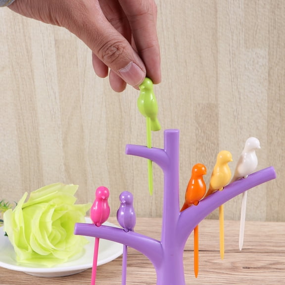 SEWCHICS Fruit Forks Tree Shaped Plastic 6Pcs Forks 1Pc Holder 5.7X5.7X1.4In