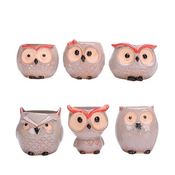 ROMANSENTIAL Ceramic Animal Planter Owl Shape Assorted Color 6Pcs