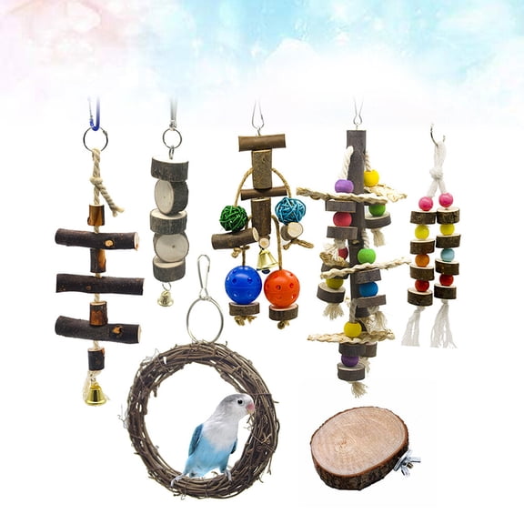 WHAMVOX 7pcs Funny Wooden Block Swing Toy Bird Parrot Playing Bite Toy Bird Cage Hanging Toy