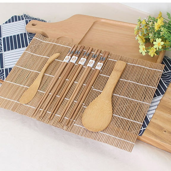 WHAMVOX 9pcs Bamboo Sushi Making Kit with 2 Rolling Mats 5 Pairs Chopsticks Rice Paddle Rice Spreader
