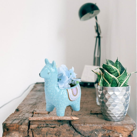 WHAMVOX Adorable Blue Alpaca Shaped Ceramic Planter for Succulents with Drainage Hole Perfect for Bedroom