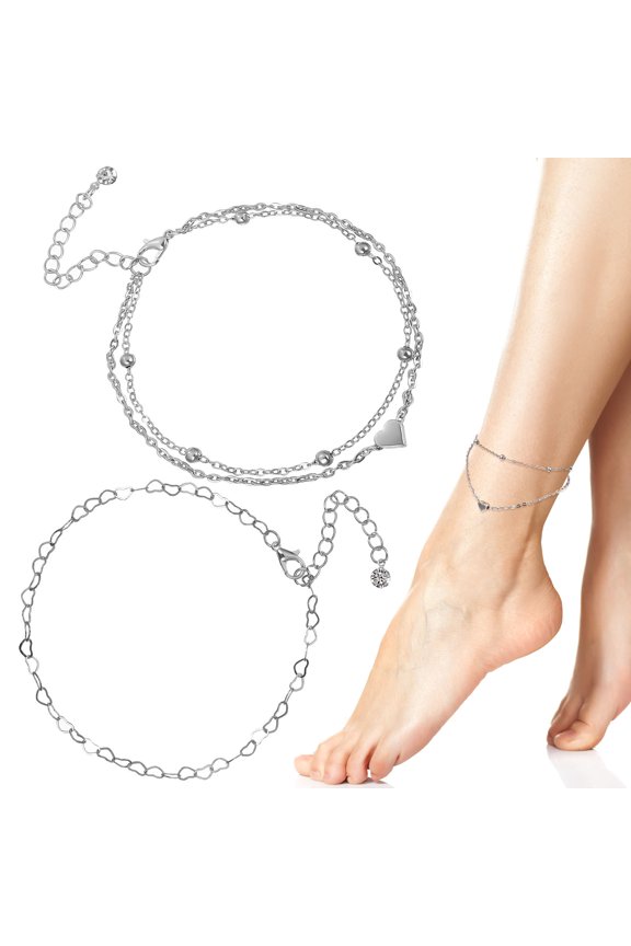 Anklet Bracelet Silver Color Heart Shape Adjustable for Women Beach Parties 2Pcs