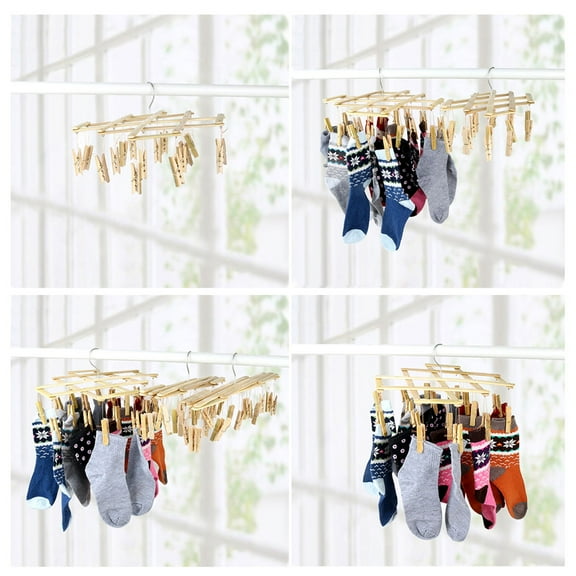 WHAMVOX Bamboo Sock Drying Rack with Swivel Hooks for Hanging Clothes Space Saver 16 Pegs 12.5 Inches