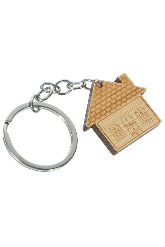 Beige Wooden Keychain for Home Decor Creative House Shape Gift Durable Metal Material 5pcs