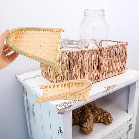 WHAMVOX Beige Woven Storage Basket for Shelves Made of Durable Bamboo Perfect for Home Organization 7x5.5x9 inches