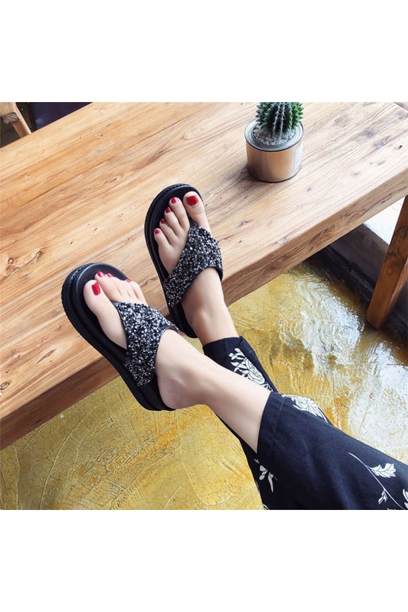 WHAMVOX Black Women's Durable Platform with Shiny Rhinestones for Comfortable Travel Wear Size