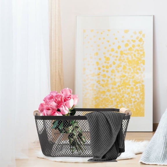 WHAMVOX Black Wrought Iron Wire Storage Basket with Wooden Handles for Organizing and Storage 12 x 8 x 6.5 Inches