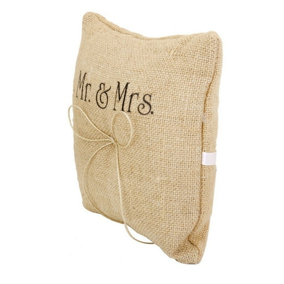WHAMVOX Brown Burlap Wedding Ring Pillow with Ribbon and Strap for Ring Bearer 15x15cm
