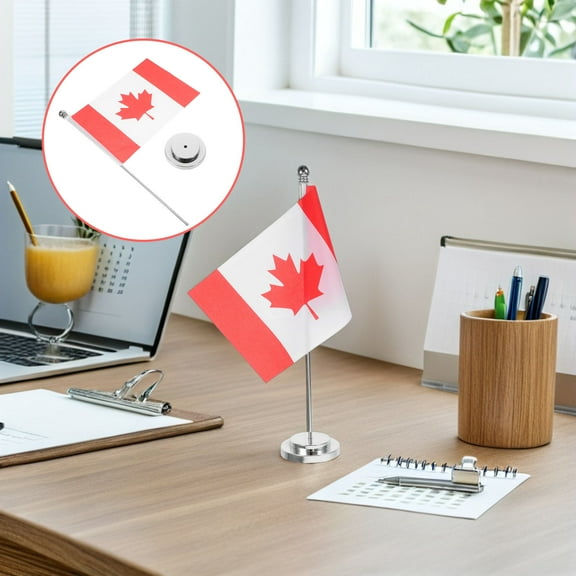 WHAMVOX Canada National Mini Desk Flag Office Table Flag With Single Pole And Base Washable Polyester Desktop Decoration For Home Hotel Restaurant