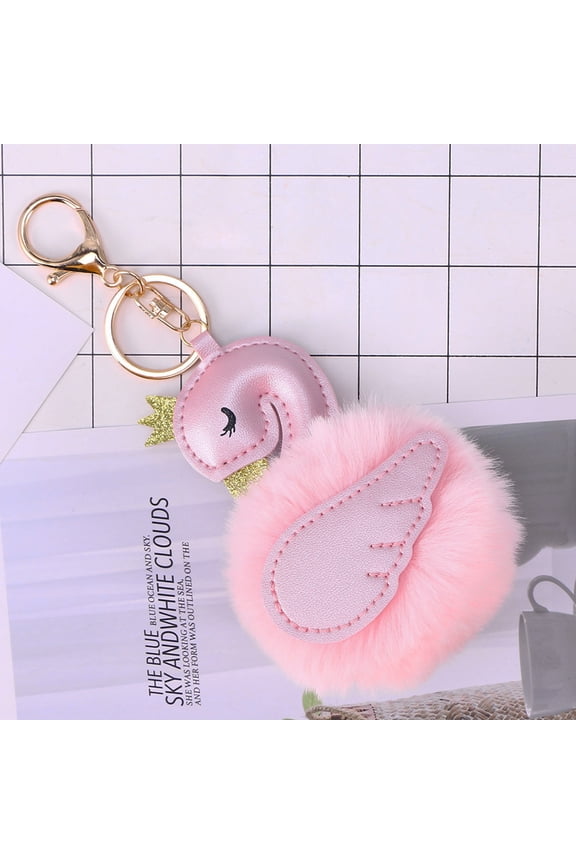 Cartoon Swan Shape Fluffy Ball Keychain Keyring Bag Hanging Pendant Ornament (Pink)