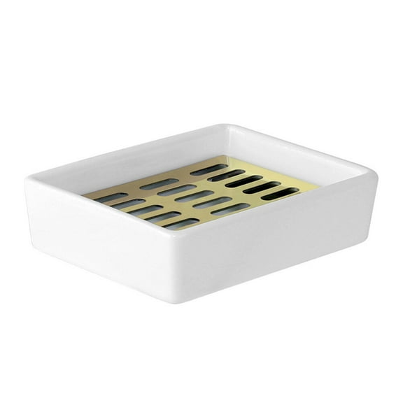 WHAMVOX Ceramic Soap Dish Stainless Steel Shower Soap Holder Double Layer Soap Tray with Drain for Bathroom Tub Kitchen Sink - (Golden)