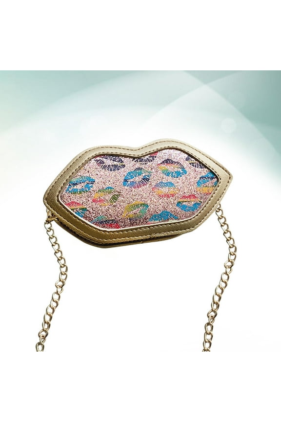 Chic Sequin Lip Shape Messenger Bag for Women with Long Chain Portable Lightweight PU Golden 7x4.5x2 inches