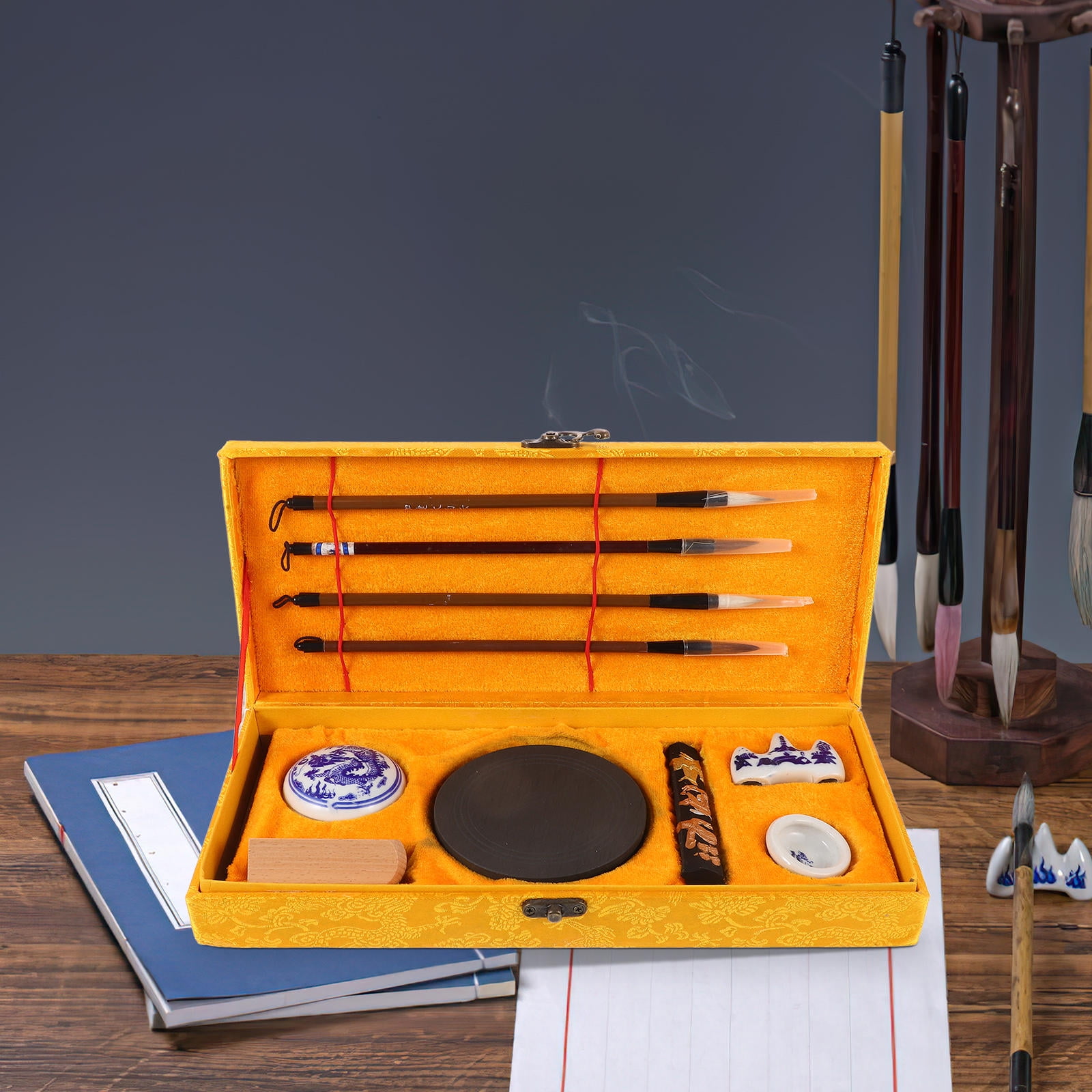 WHAMVOX Chinese Style Inkstone and Writing Brush Set for Calligraphy Practice Portable Assorted Colors