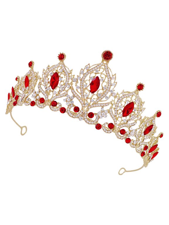 Red Crystal Crown Bridal Headpiece for Wedding and Performances
