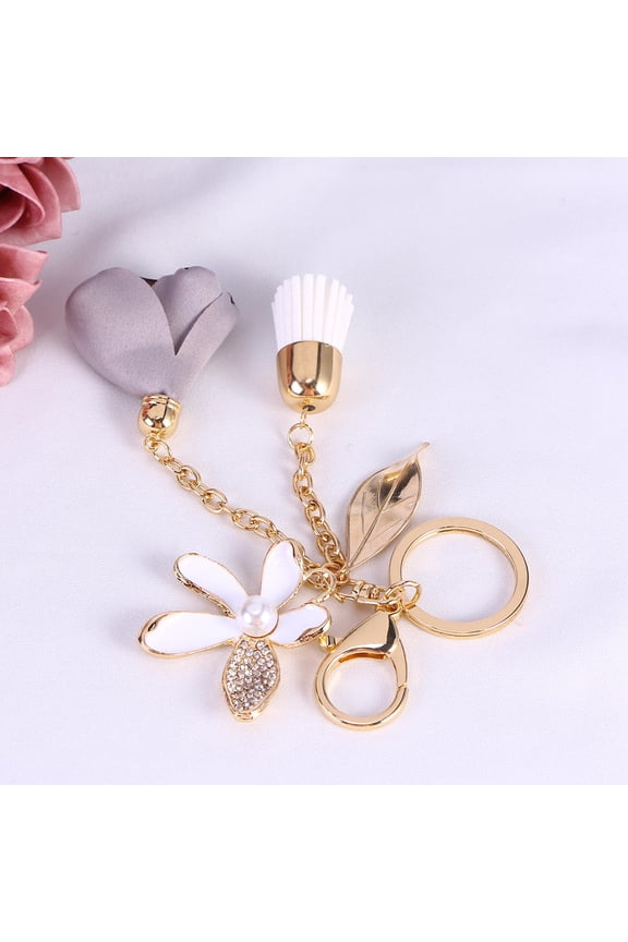 Crystal Five-leaf Flower Car Keychain Cloth Flower Car Key Ring Tassel Leaves Key Chain Female Bags Pendant Accessories (Gray)