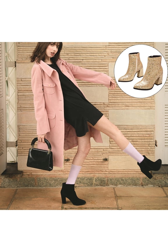 Women's Ankle Boots High Heel Sequins Design Side Zipper 1 Pair