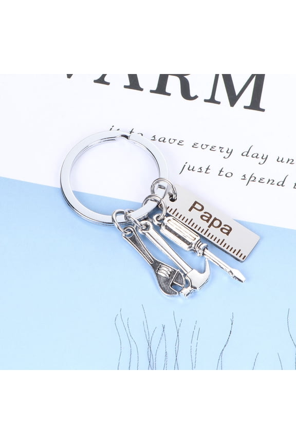 Father's Day Keyring Stainless Steel Papa Carving Hanging Keyring Hammer Screwdriver Wrench Tools Keychains Gift for Man (Silver)