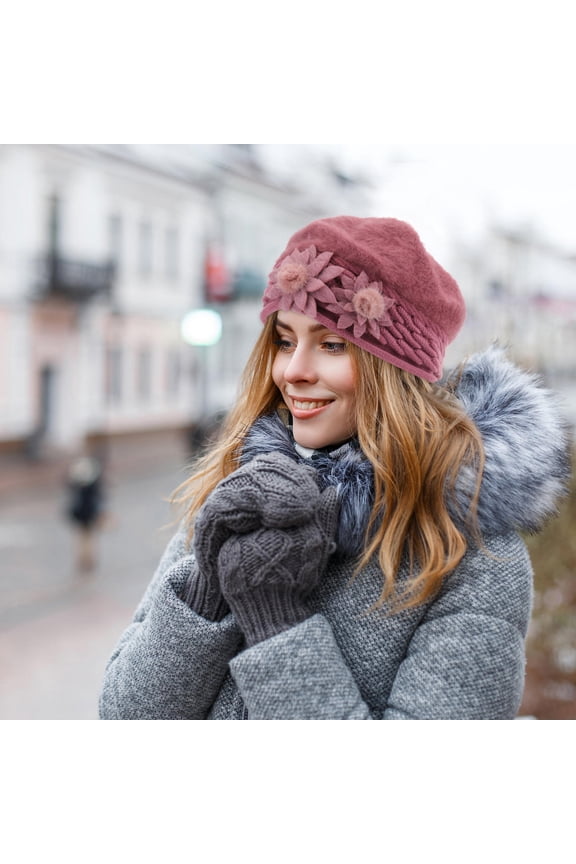 Floral Knitted Beanie Hats Classic French Beret Miss Purple