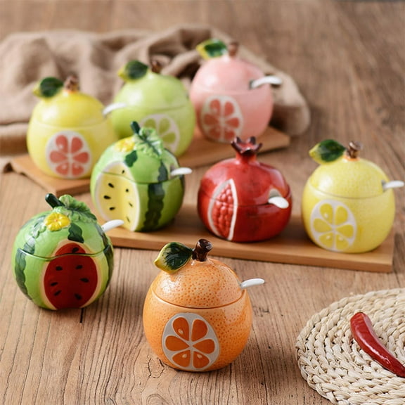 WHAMVOX Fruit Shaped Ceramic Sugar Bowl Salt Pot Pepper Storage Jar Seasoning Pot Container Condiment Spice Box Holder with Lid and Spoon (Orange Pomelo)
