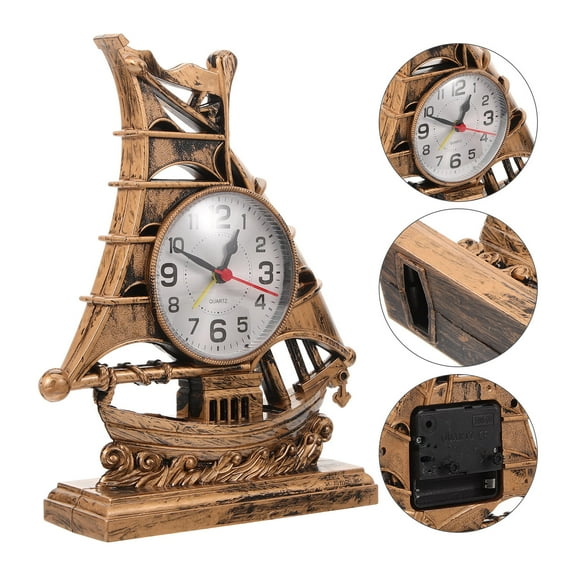 WHAMVOX Golden Plastic Sailboat Sculpture Alarm Clock Decorative Table Clock for Home Decor 3.5 inches