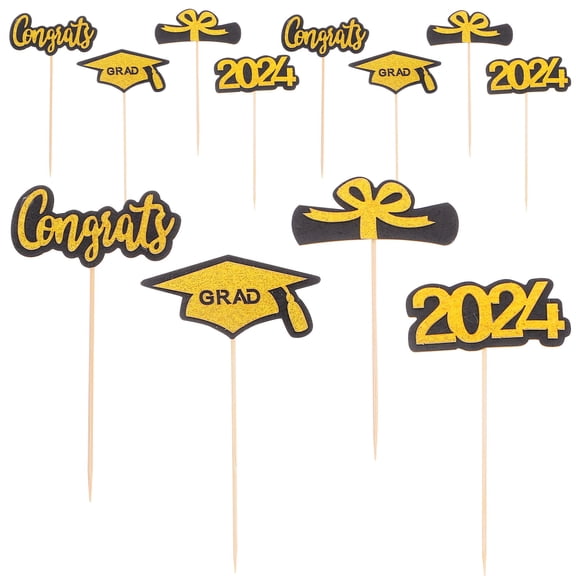 WHAMVOX Graduation Cake Picks with Elegant Design for Party Decoration Yellow Paper and Wooden Cupcake Topper 12pcs