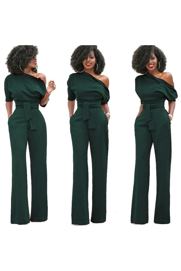 Green Wide Leg Jumpsuit for Women Made of Cotton with Belt and Off Shoulder Design Casual and Elegant Fits Various Occasions Size