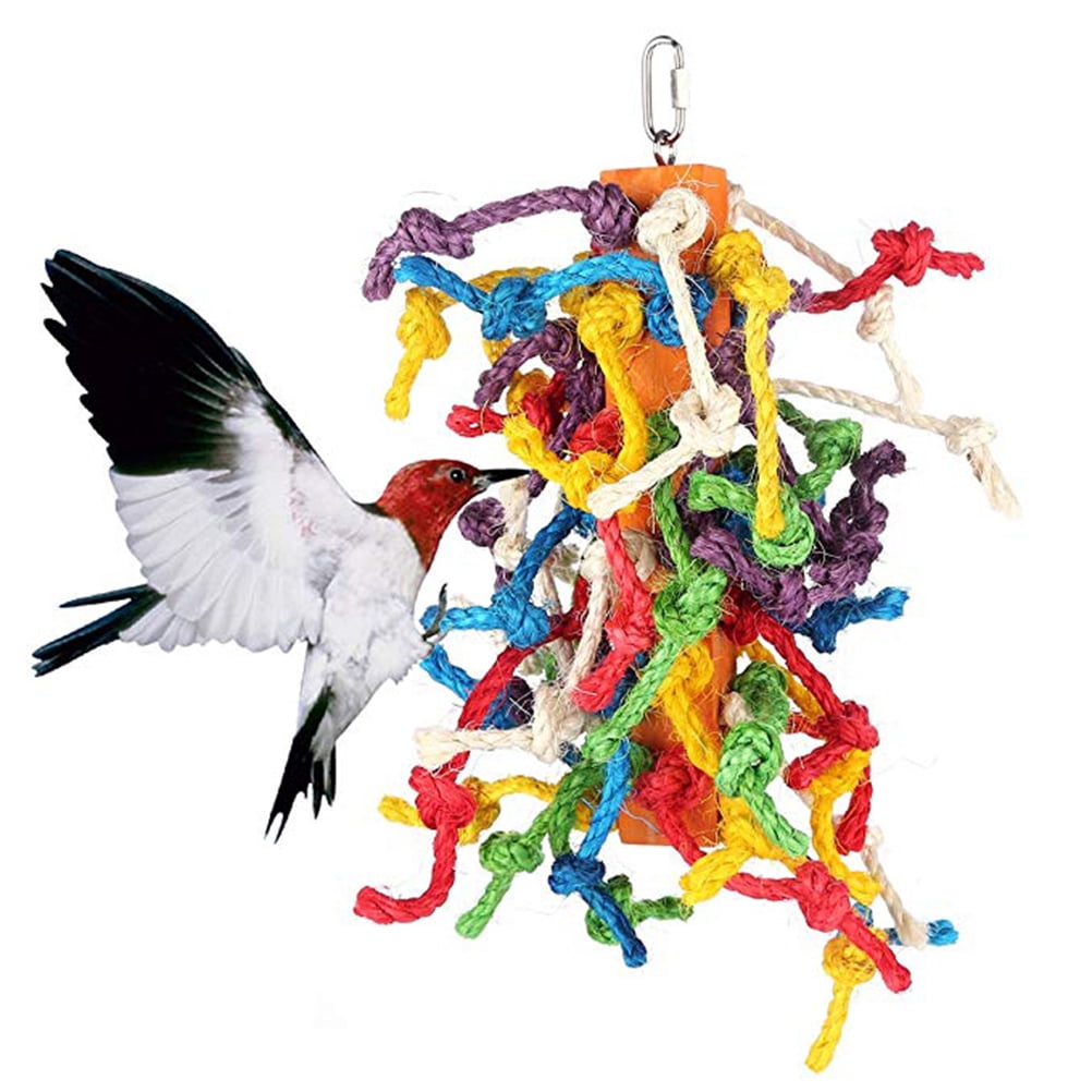 Image showcasing WHAMVOX Hanging Parrot Bird Toy Colorful Knots Block Chewing Toy Parrot ...