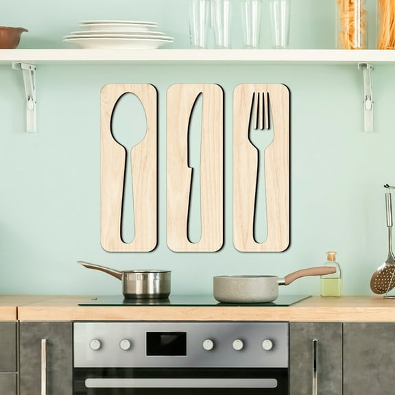 HOOWIFFY Beige Wooden Fork and Spoon Wall Decor Rustic Kitchen Dining Room Decoration 1 Set