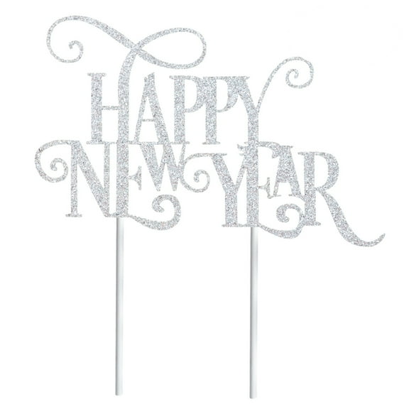 WHAMVOX Happy New Year Cake Topper with Glitter Paper for Festive Cake Decoration Silver 10 x 6.5cm