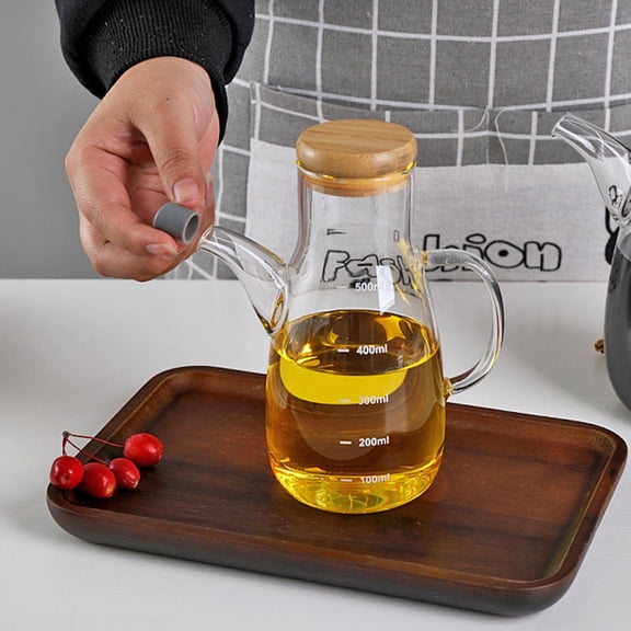 WHAMVOX High Borosilicate Glass Oiler with Wooden Lid DripFree Nozzle for Home Kitchen Use 500ml Transparent Oil Dispenser