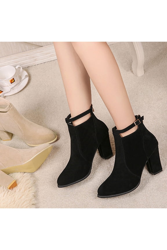 WHAMVOX High Heel Ankle Boots Low Heels Winter for Short Miss Black