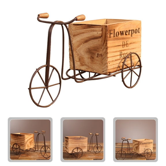 WHAMVOX Iron Tricycle Plant Stand with Wood Planter Pot for Storage at Home or Garden 1 Set