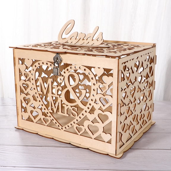 WHAMVOX Khaki Hollowed DIY Wedding Box with Lock for Card Storage and Guest Checkin Use, Synthetic Material