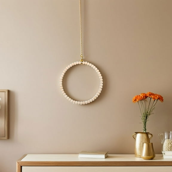 WHAMVOX Khaki Wood Bead Wreath with Stainless Steel Hoop for Decoration Rustic Dreamcatcher Design Versatile Use